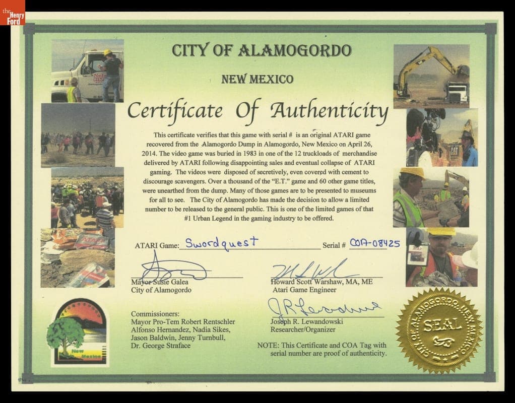 Certificate of Authenticity for Video Game Recovered in 2014 from the 1983 Atari Video Game Burial Site