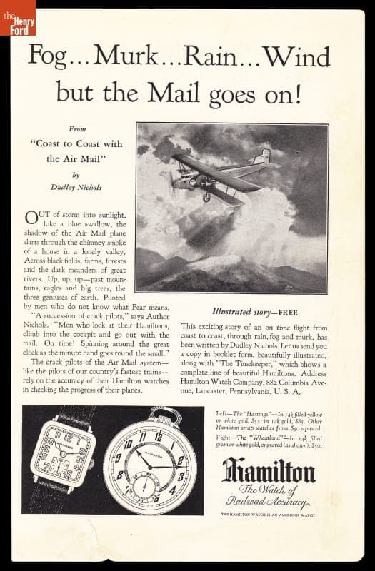 Hamilton Watch Advertisement, "Fog...Murk...Rain...Wind But the Mail Goes On!," July 1929