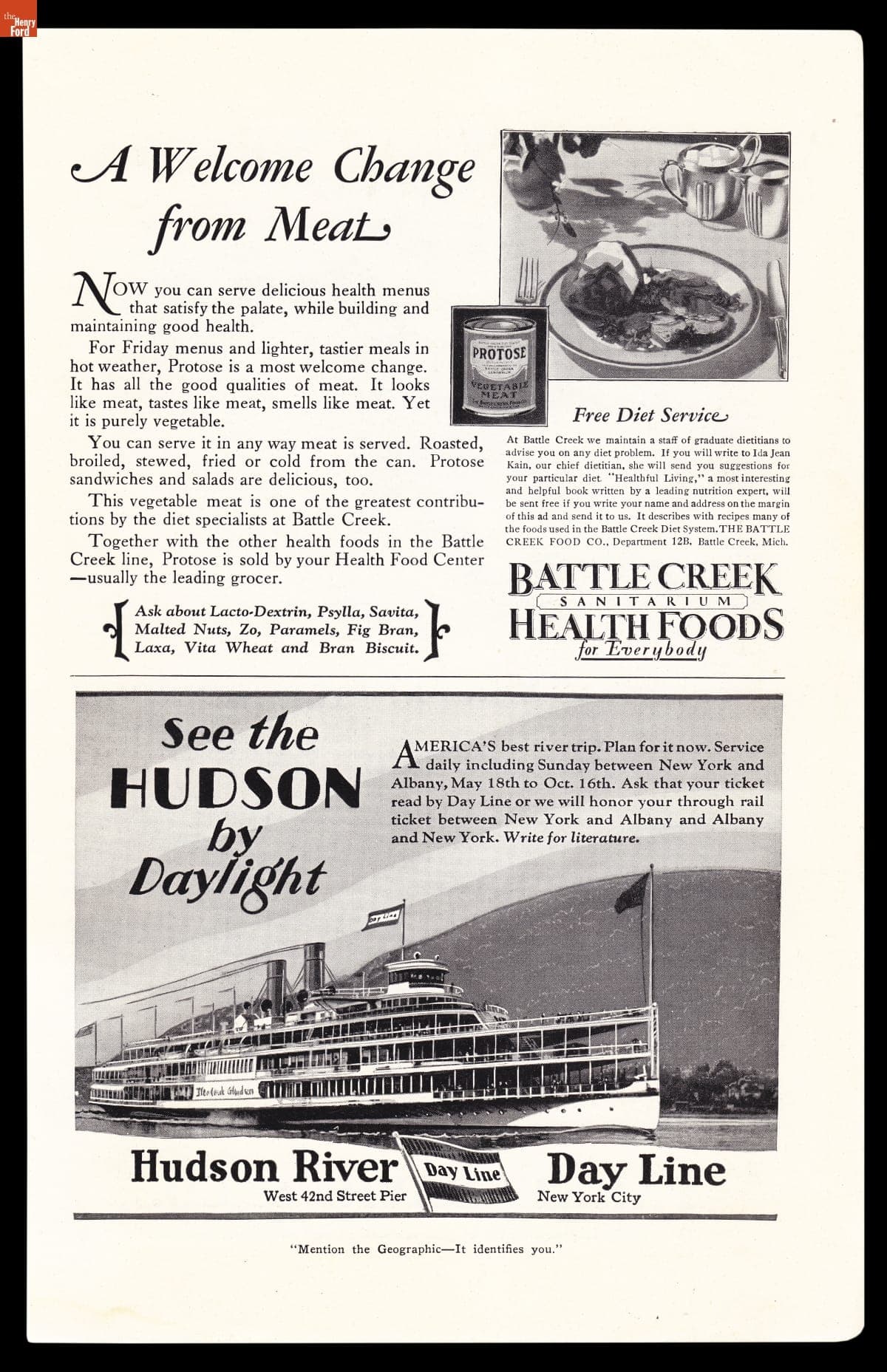 Battle Creek Sanitarium Health Food Advertisement, "A Welcome Change from Meat," July 1929