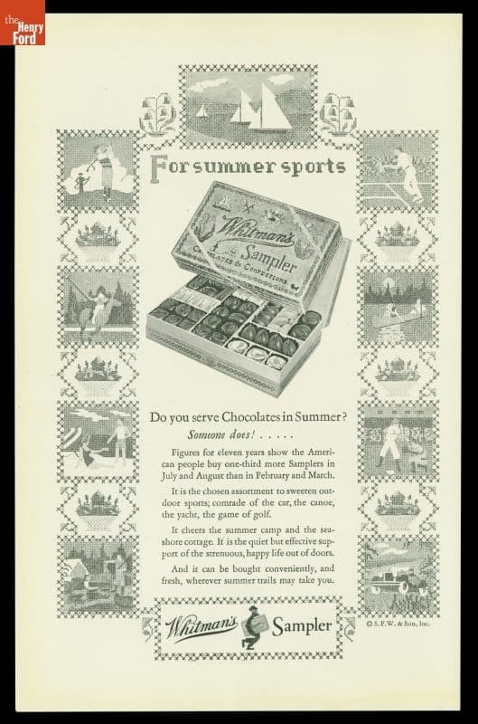 Whitman's Sampler Chocolates and Confections Advertisement, "For Summer Sports," July 1929