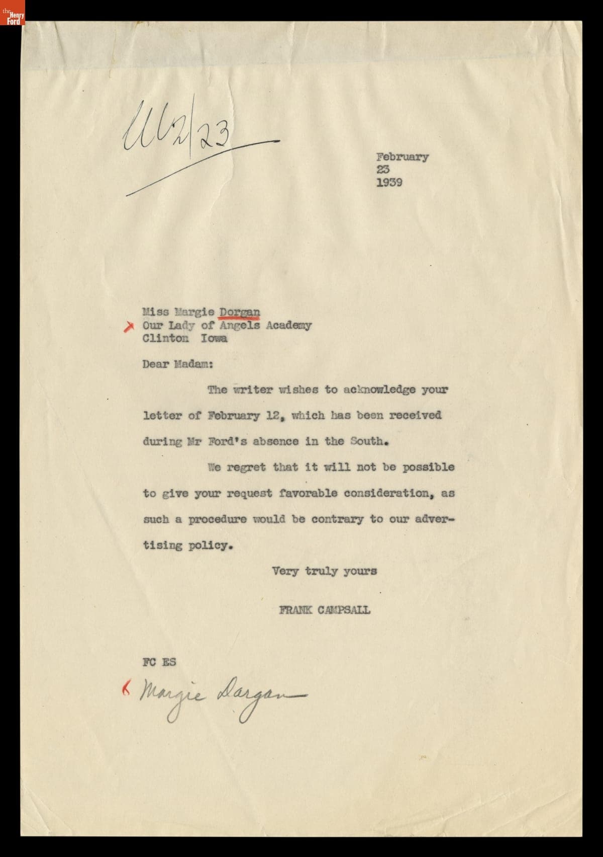 Correspondence between Marge Dorgan and the Office of Henry Ford, February 1939