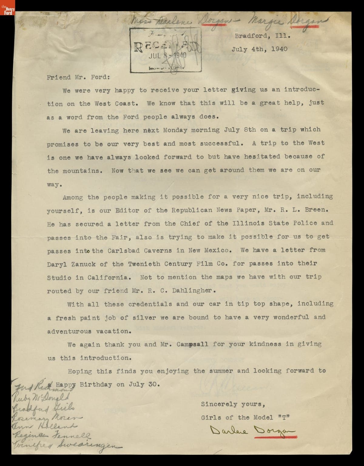 Correspondence between the "Girls in the Model T" from Bradford, Illinois and the Office of Henry Ford, 1938-1940