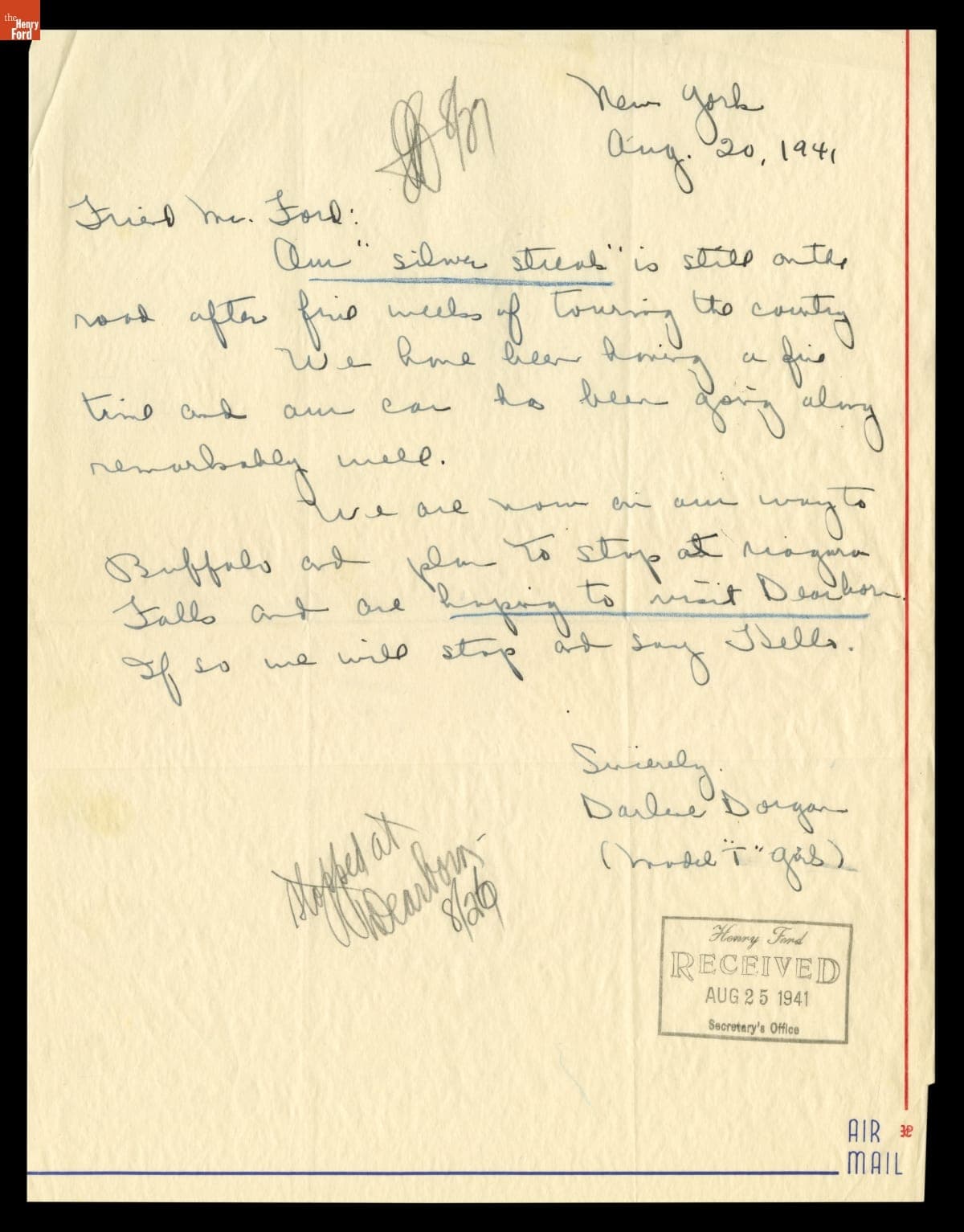 Letter to Henry Ford from the Model "T" Girls' Darlene Dorgan, August 20, 1941