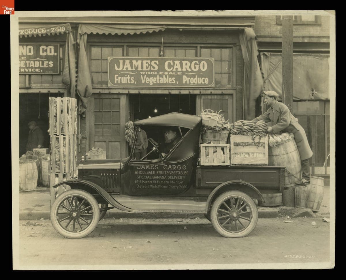Ford Model T Pickup Used by James Cargo, Wholesale Fruit and Vegetable Dealer, Eastern Market, Detroit, Michigan, March 1925