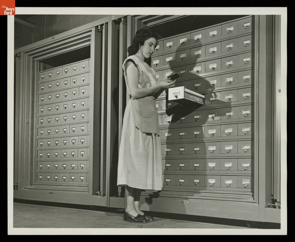 Retrieving Microfilmed Engineering Drawings in Storage at Ford Motor Company Rouge Plant, 1949