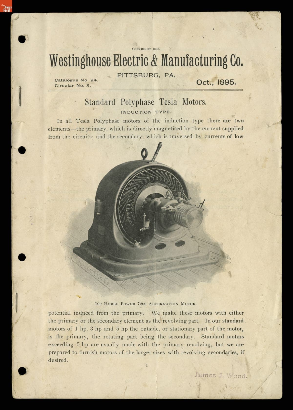 Catalog for Westinghouse Standard Polyphase Tesla Motors, October 1895