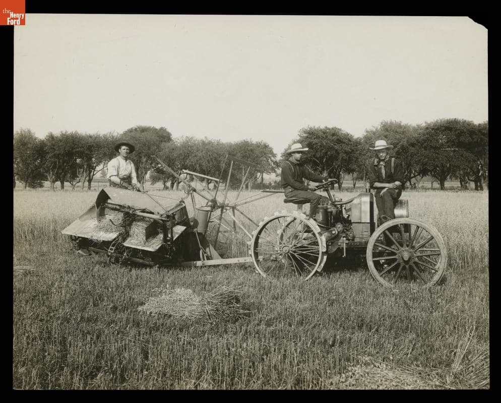 Ford Experimental Tractor Pulling a Reaping Machine, circa 1907