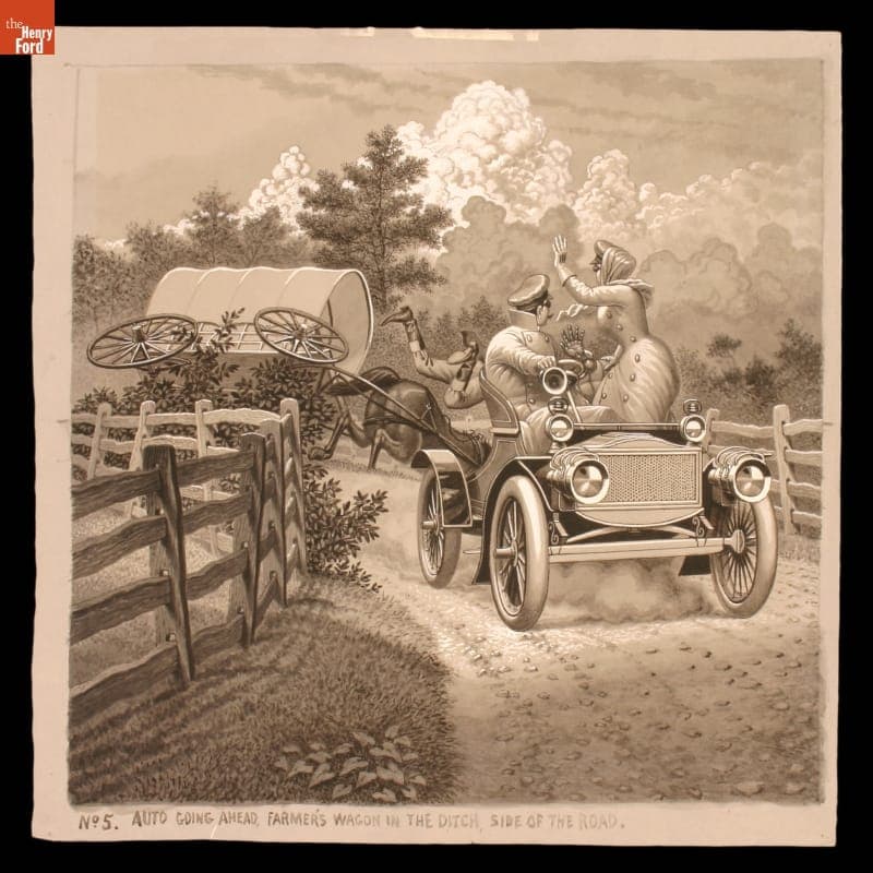 "Auto Going Ahead, Farmers Wagon in the Ditch, Side of Road," Drawing for the Magic Lantern Slide Series "Mr. Spurt and His Auto," 1906