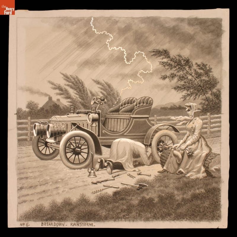 "Breakdown, Rainstorm," Drawing for the Magic Lantern Slide Series "Mr. Spurt and His Auto," 1906