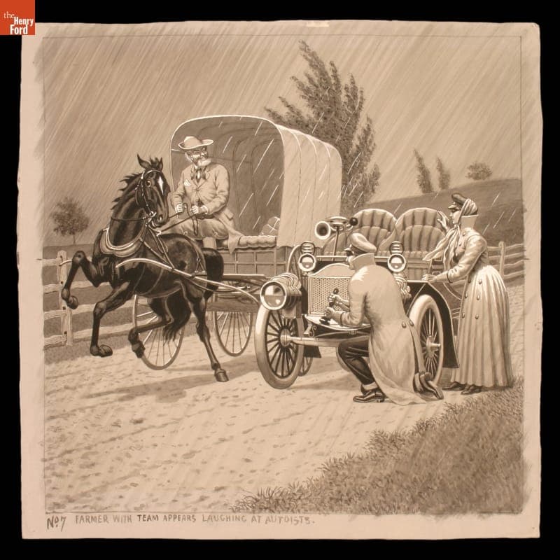 "Farmer with Team Appears Laughing at Autoists," Drawing for the Magic Lantern Slide Series "Mr. Spurt and His Auto," 1906