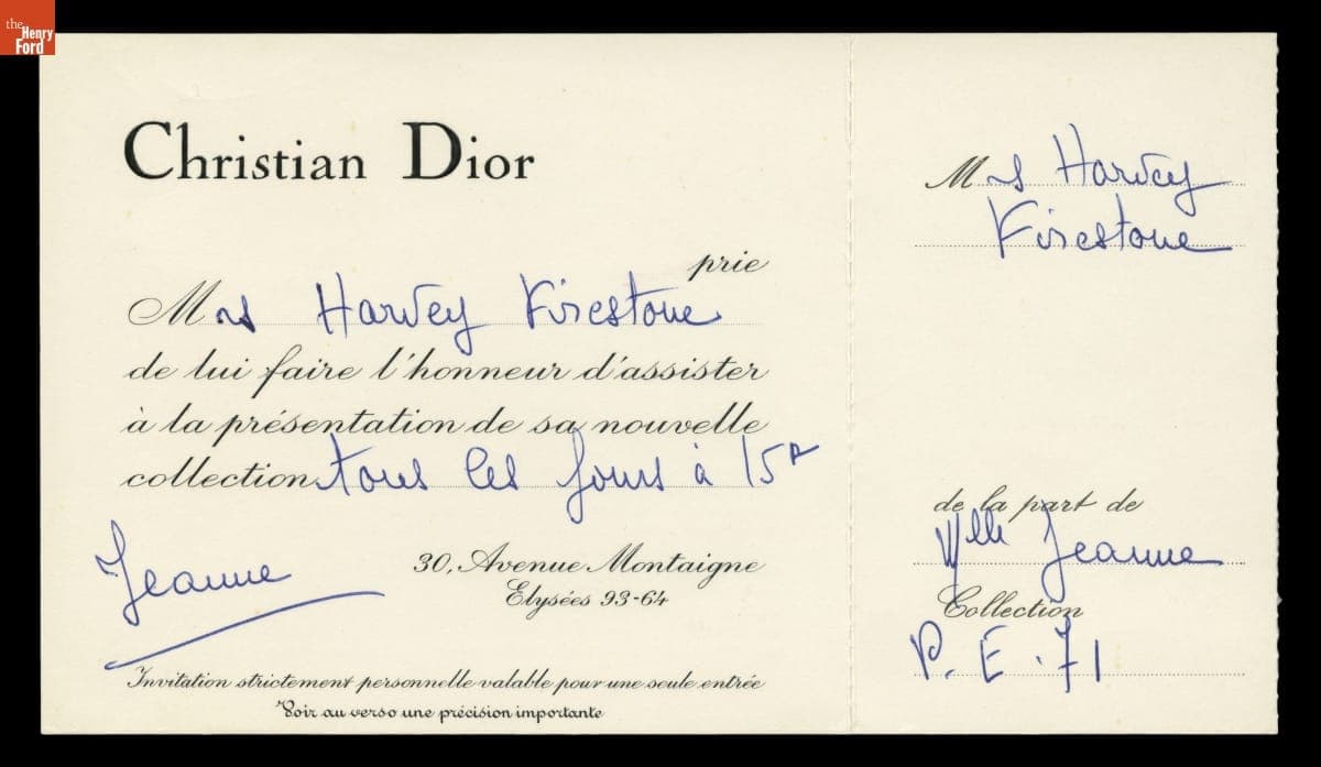 Elizabeth Parke Firestone's Invitation to See the Christian Dior Spring-Summer 1971 Collection