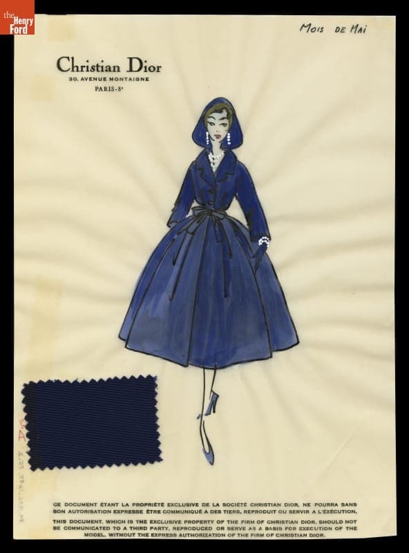 Dior Fashion Design Drawing with Fabric Swatches, Coat "Mois de Mai," 1955