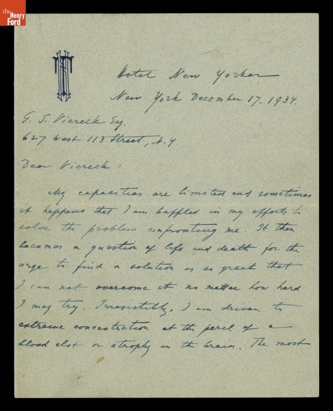 Letter from Nikola Tesla to George Sylvester Viereck, December 17, 1934