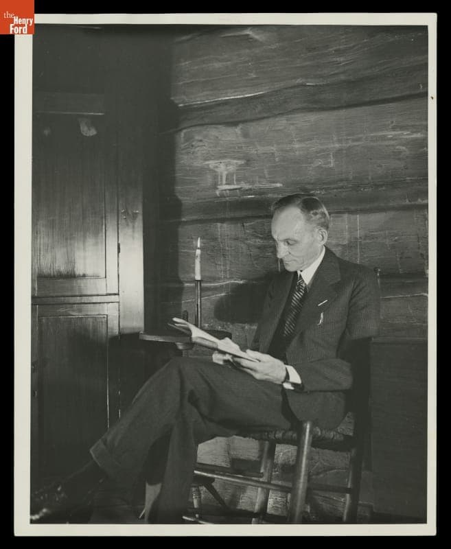 Henry Ford at McGuffey Birthplace in Greenfield Village, circa 1940