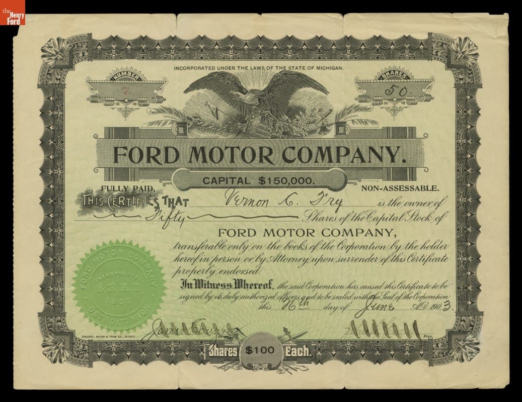 Ford Motor Company Original Stock Certificate, June 26, 1903