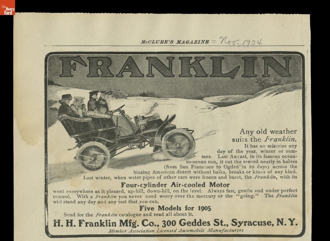 Franklin Automobile Advertisement, November 1904, "Any Old Weather Suits the Franklin"