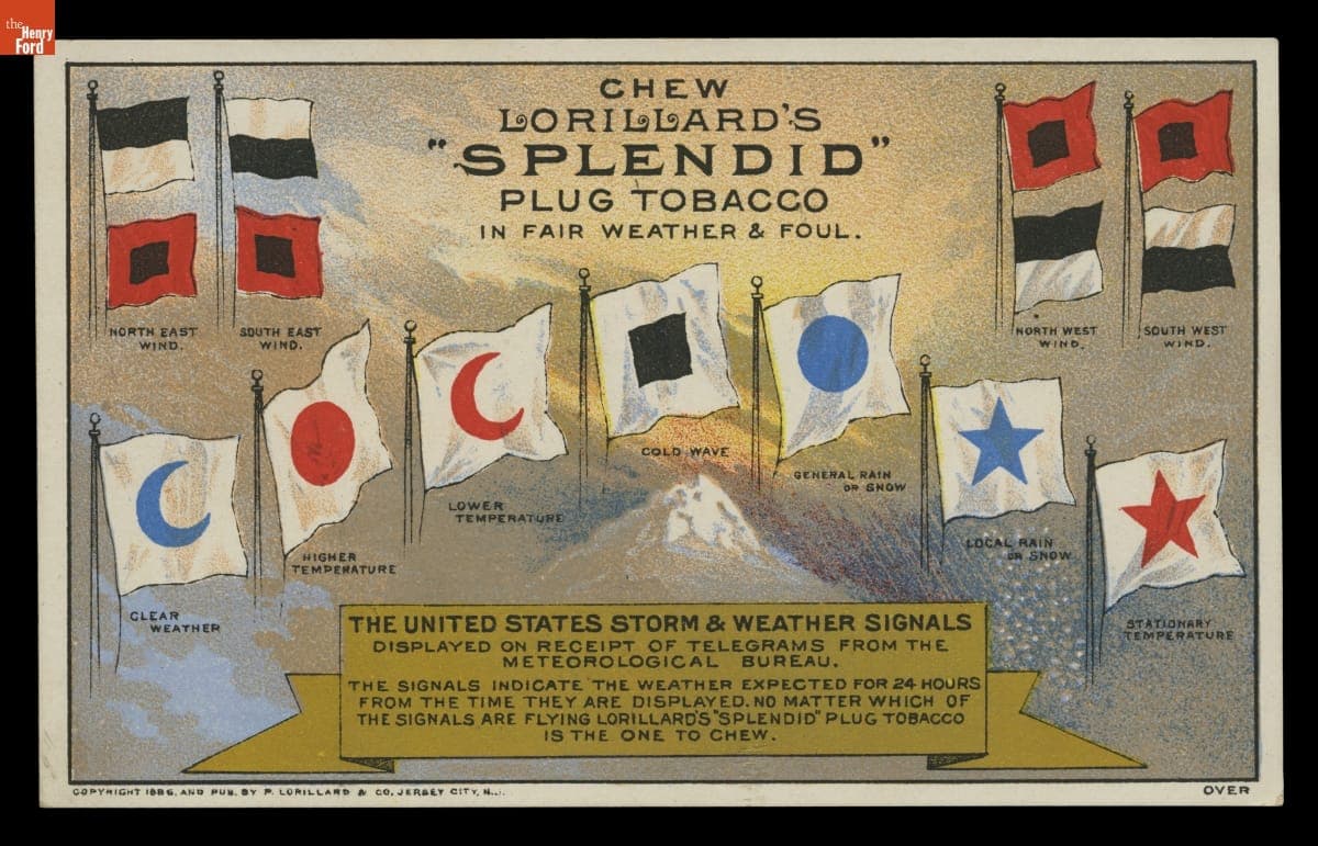 Trade Card for Lorillard's "Splendid" Plug Tobacco, 1886, "In Fair Weather and Foul"
