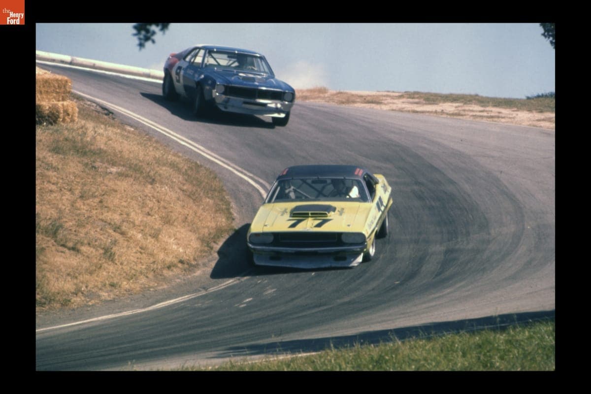 AMC Javelin and Dodge Challenger in the Laguna Seca Trans-Am Race, Monterey, California, April 1970