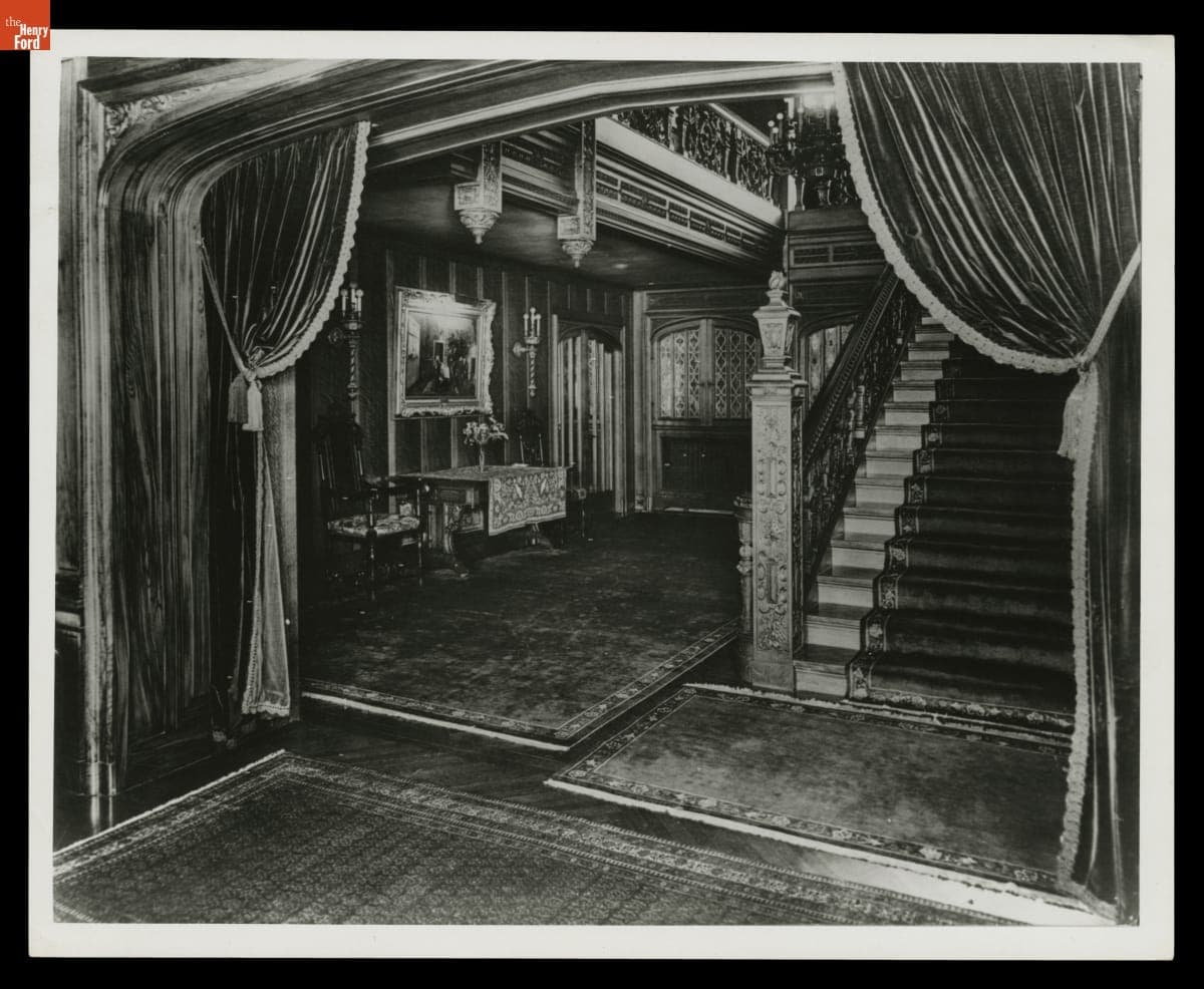 Staircase and Entrance Hall inside Fair Lane, Home of Henry Ford, circa 1925