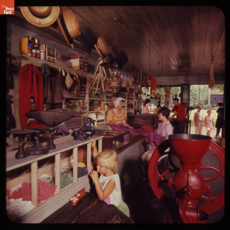 Historical Presenter and Visitors in the General Store, Greenfield Village, 1965