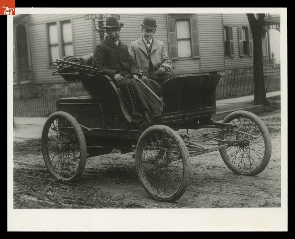 Alexander Winton and Mr. Shanks in an 1898 Winton Roadster