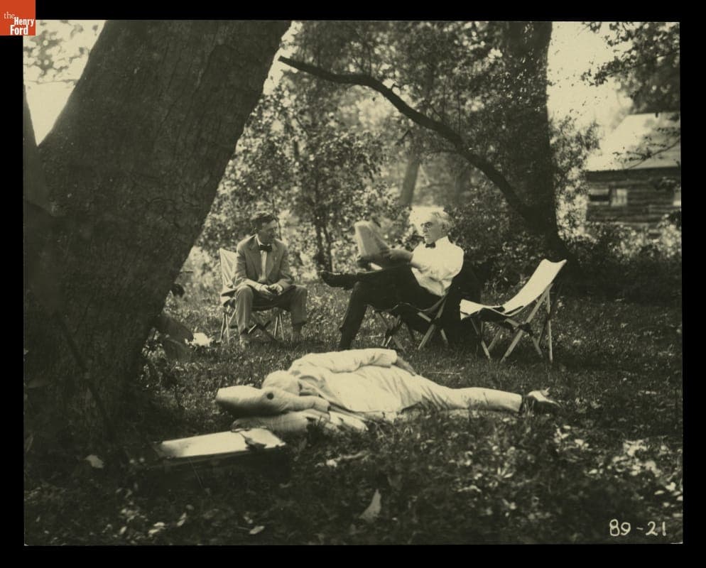 Harvey Firestone, Thomas Edison, and Warren G. Harding at the "Vagabond" Campsite, 1921