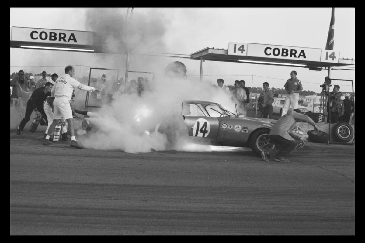 Shelby Cobra Daytona Coupe on Fire at Daytona Continental 2000 km Race, February 16, 1964
