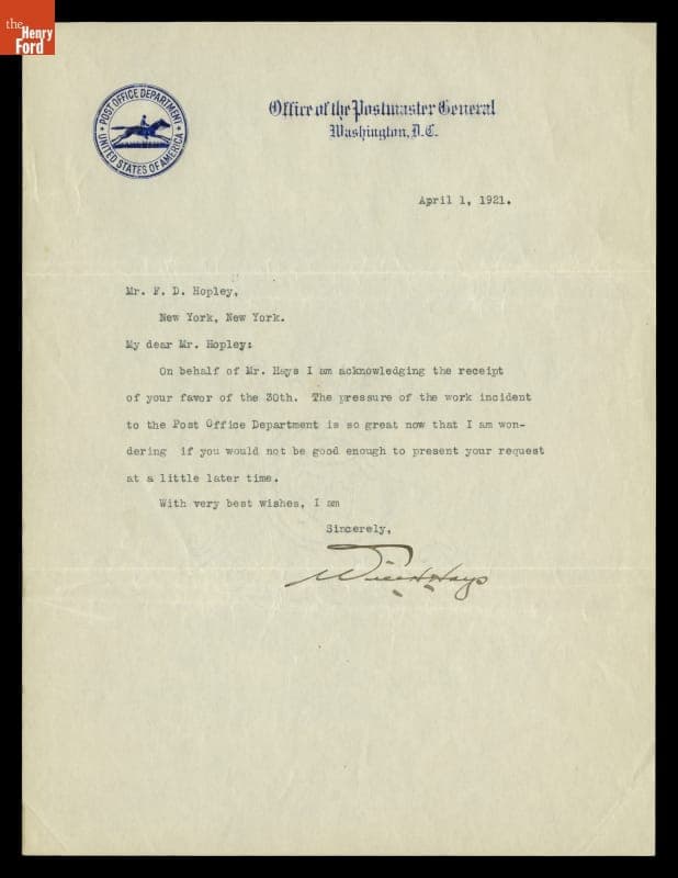 Letter from Will H. Hays to Frank Hopley, April 1, 1921, "The Most Thrilling Moment of My Life"