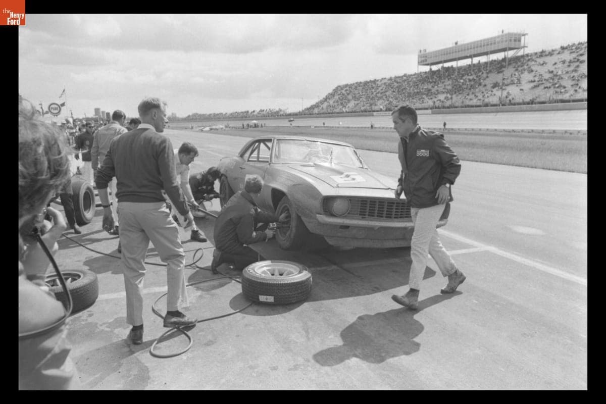 Mark Donohue Making Pit Stop in Chevrolet Camaro at Wolverine Trans-Am, Brooklyn, Michigan, May 1969