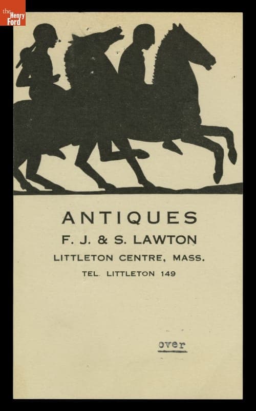 Trade Card Advertising Frank J. Lawton's Antique Business, 1928