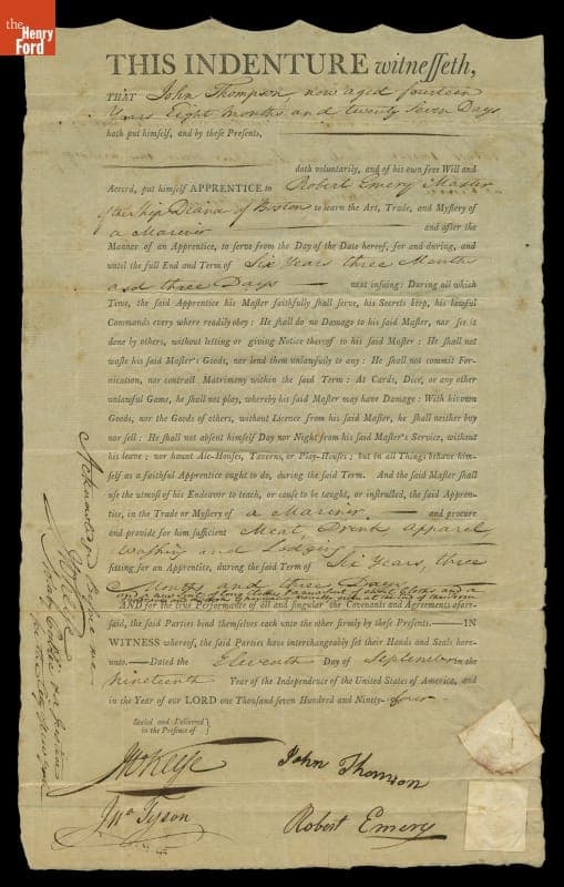Agreement for John Thomson to be Apprenticed to Shipmaster Robert Emery for Six Years, September 11, 1794
