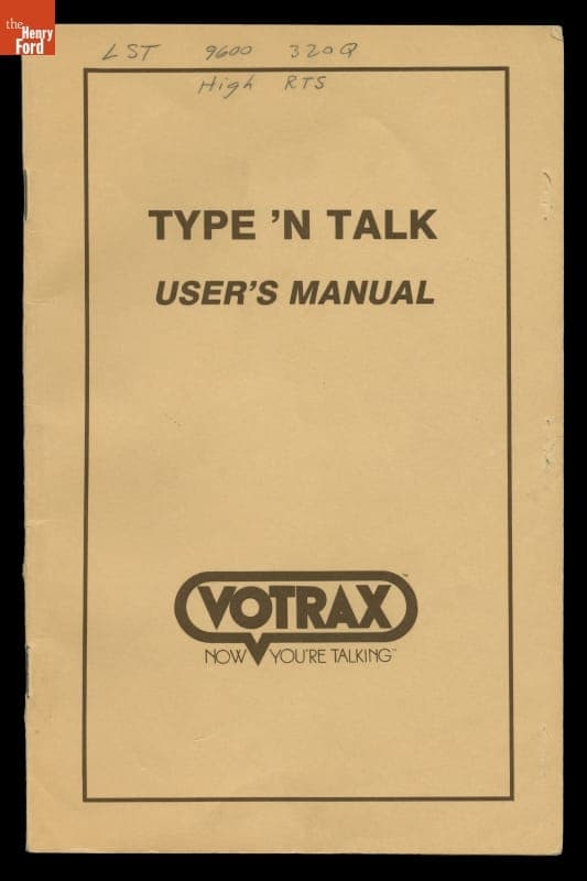 User's Manual for Votrax Model 100, Type 'N Talk Text to Speech Synthesizer, 1981