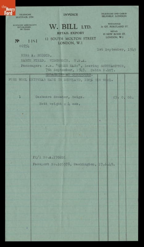 Receipt from W. Bill Ltd., London, England, September 1, 1949