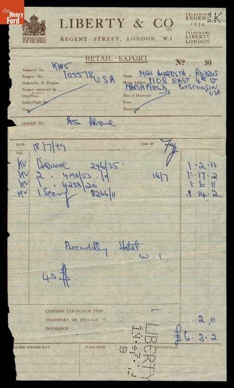 Receipt from Liberty & Co., London, England, July 18, 1949