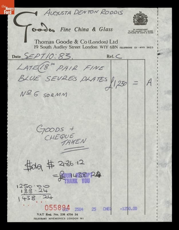 Receipt from Goodes Fine China & Glass, London, England, September 10, 1983