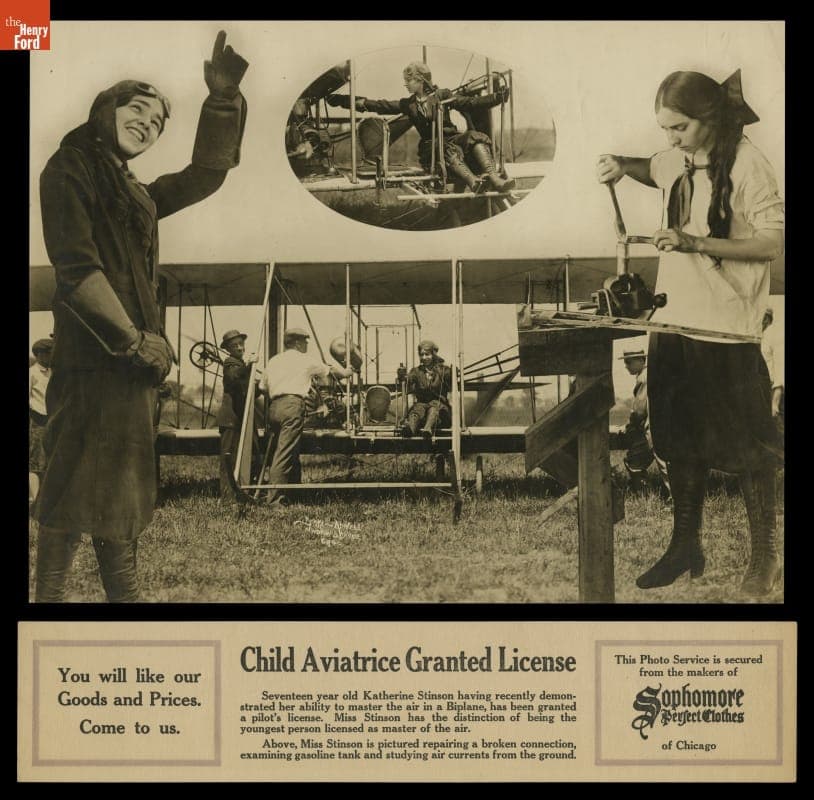 Clothing Advertisement Featuring Katherine Stinson, "Child Aviatrice Granted License," circa 1913