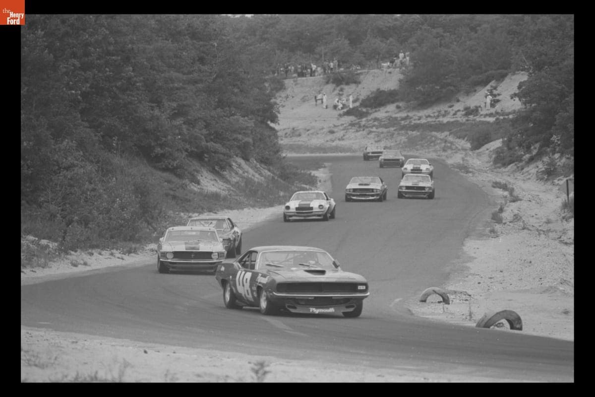 Swede Savage Driving a Plymouth Barracuda in Trans-Am Race at Bridgehampton Raceway, May 1970