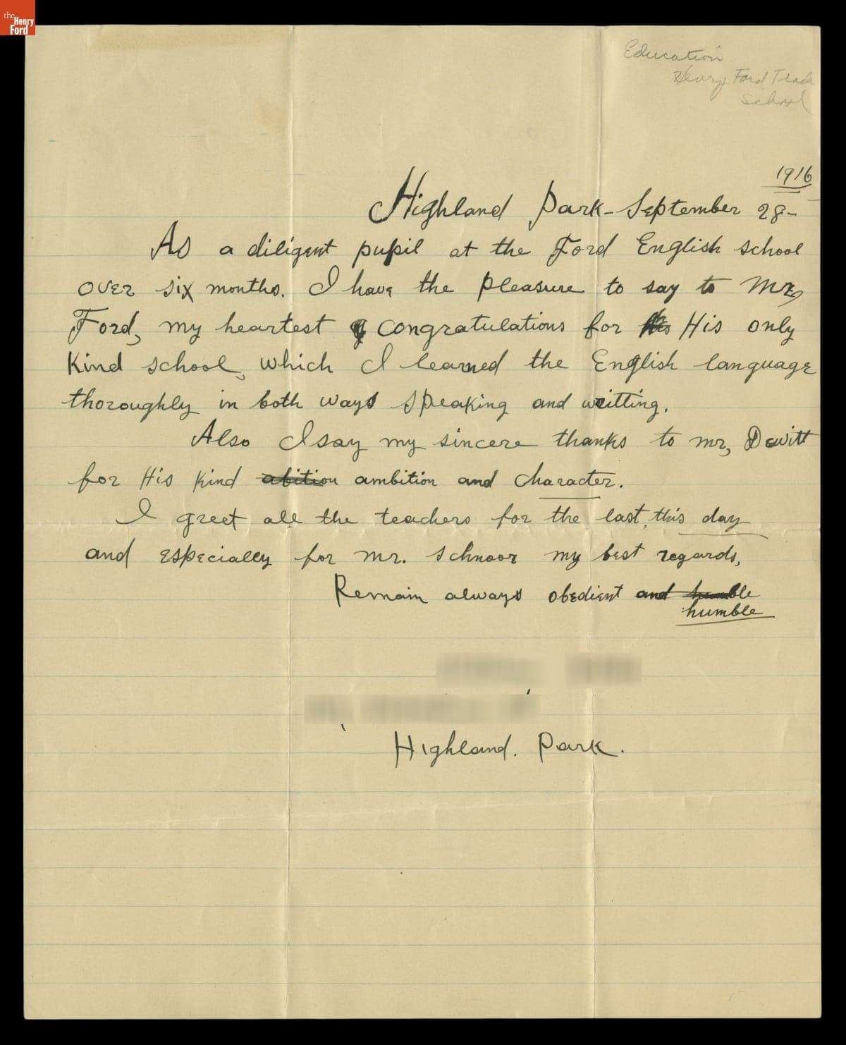 Letter from a Ford English School Student to Henry Ford, September 28, 1916