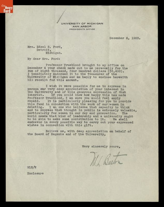 Letter from M. L. Burton, to Eleanor Clay Ford, December 6, 1923