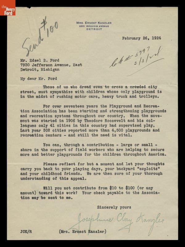 Letter from Josephine Clay Kanzler to Edsel Ford, February 26, 1924