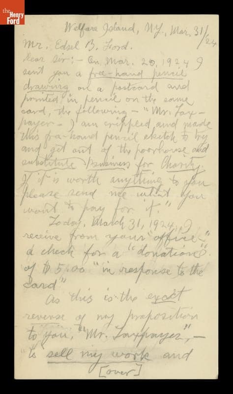 Letter from Richard Trotter to Edsel Ford Rejecting Charity, March 31, 1924