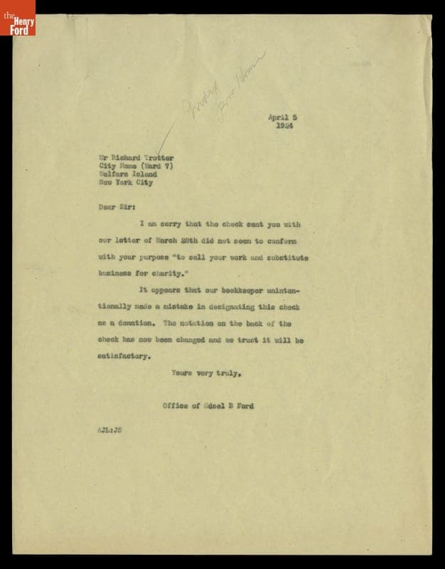 Letter of Apology from the Office of Edsel Ford to Richard Trotter, April 5, 1924