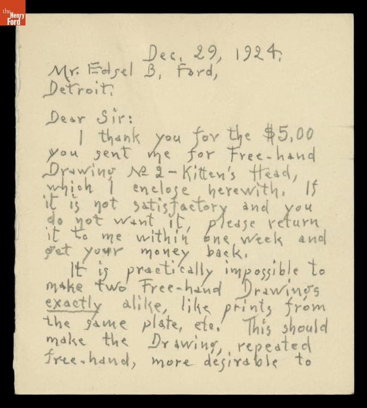 Letter from Richard Trotter to Edsel Ford, with Purchased Drawing, December 29, 1924