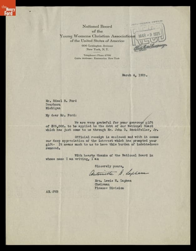 Letter of Thanks for Donation from Antoinette Lapham to Edsel Ford, March 4, 1925