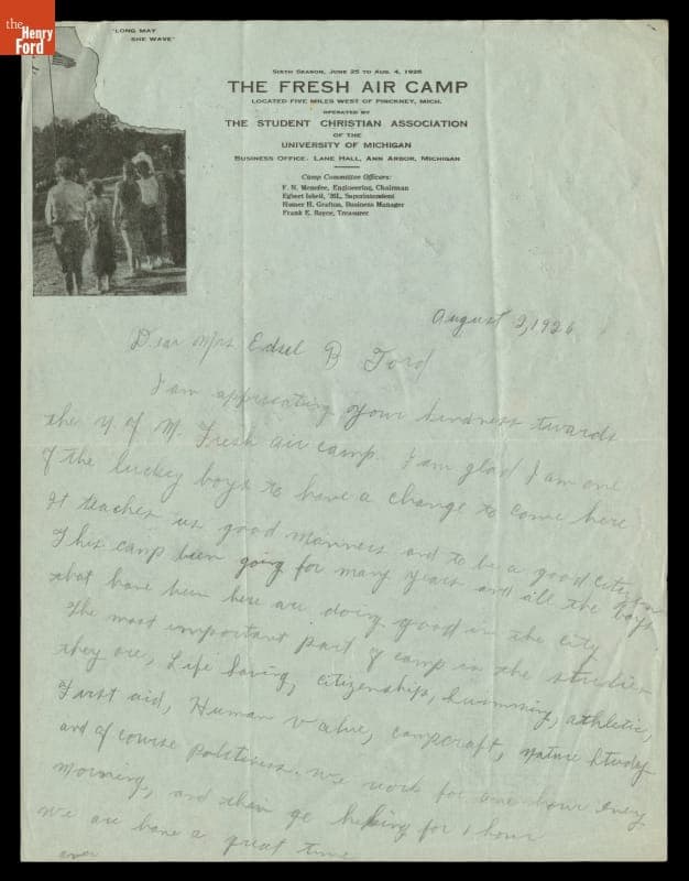 Letter from George Martin at Fresh Air Camp to Eleanor Clay Ford, August 2, 1926