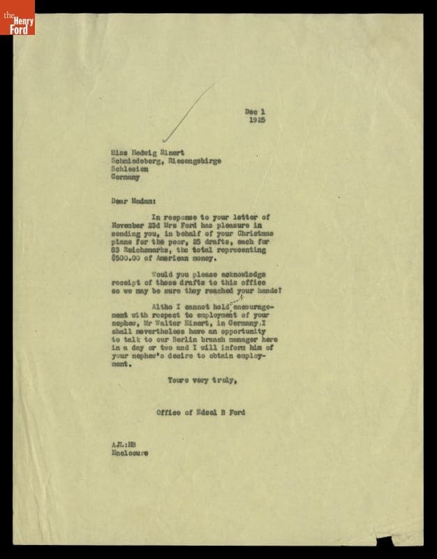 Letter to Hedwig Einert with Donation for Christmas Gifts for the Poor, December 1, 1925