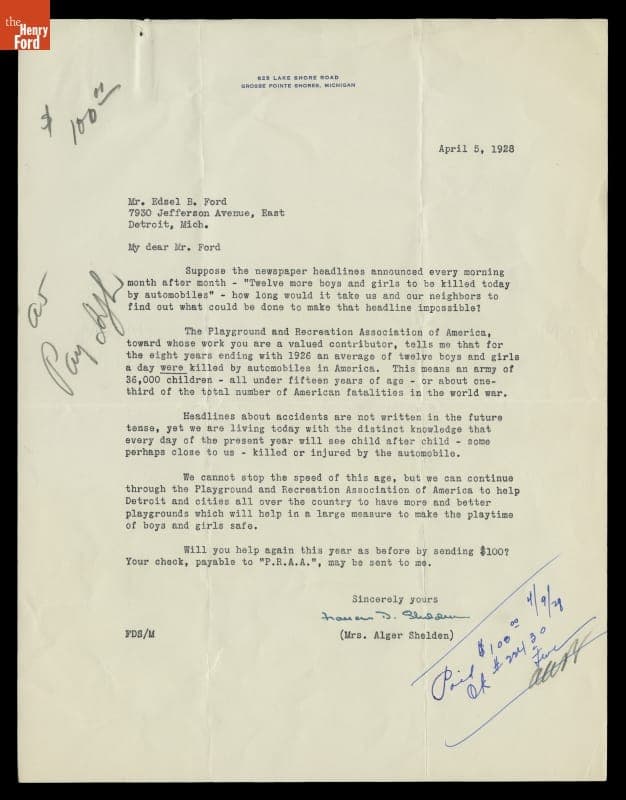 Letter from Frances D. Shelden, Playground and Recreation Association, to Edsel Ford, April 5, 1928