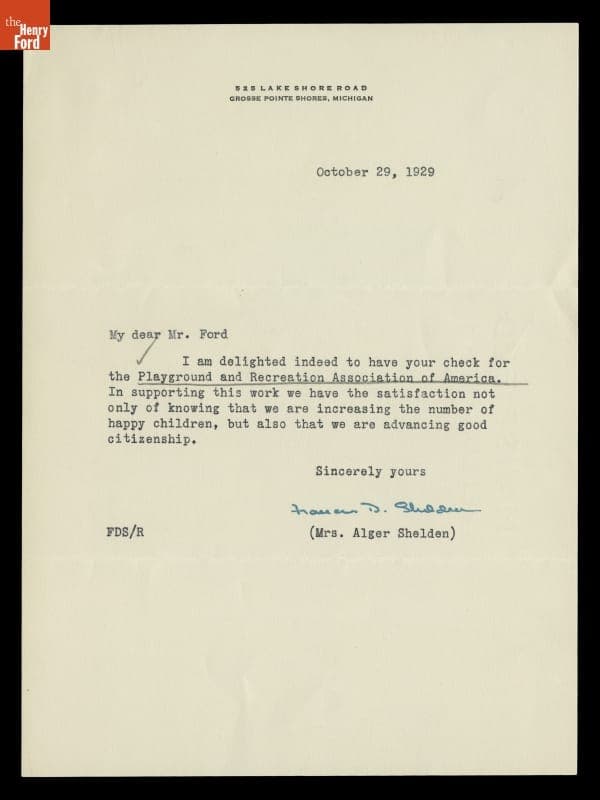 Letter Thanking Edsel Ford for Donation to the Playground and Recreation Association of America, 1929