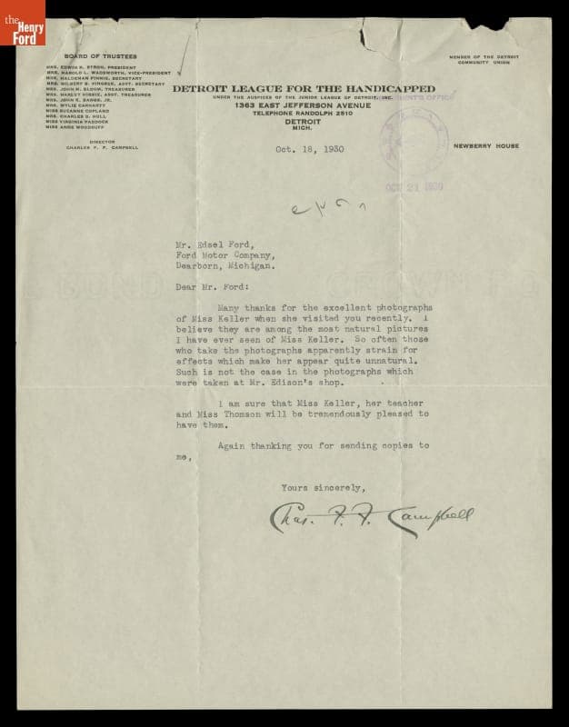 Letter of Thanks to Edsel Ford regarding Helen Keller's Visit to Greenfield Village, October 1930
