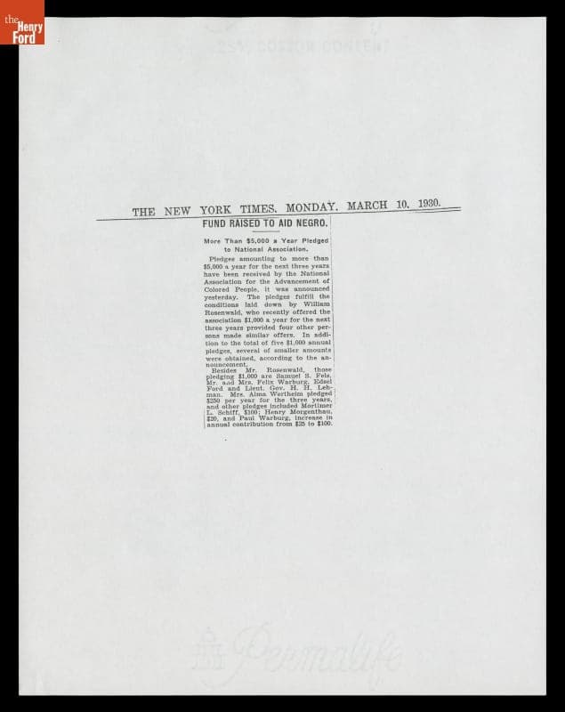 Copy of New York Times Newspaper Clipping from March 10, 1930, "Fund Raised to Aid Negro"